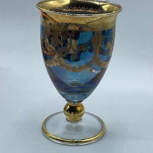 Vintage Moser art glass wine glass goblet 24K Gold decor. Some wear along rim .